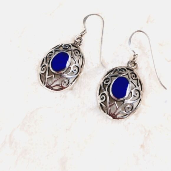 Vintage Sterling Silver & Lapis Lazuli Filigree Pierced Earrings - Picture 7 of 8